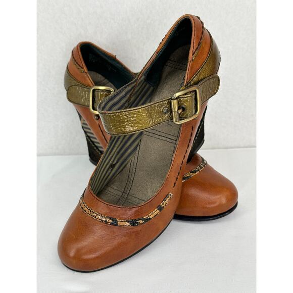 Bobbi Blu Spruce Anthropologie Patchwork Heel Brown Leather Mary Jane Heels 6.5M - Picture 1 of 11